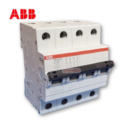 ABB SB204M C50 Miniature Circuit Breaker (MCB) – 4 Pole, 50A, with ON/OFF switch levers. White body with red branding and black switch handle. Distributed by Shansen Enterprises