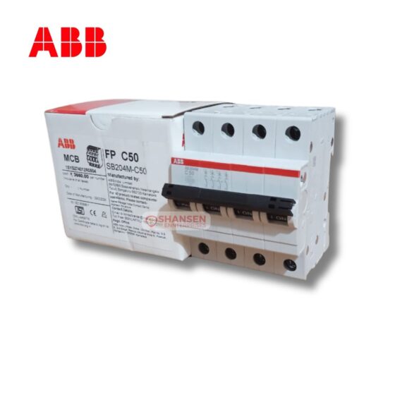 ABB SB204M C50 Miniature Circuit Breaker (MCB) – 4 Pole, 50A, shown alongside its original ABB packaging box with product details. Distributed by Shansen Enterprises. White unit with black toggles and red branding