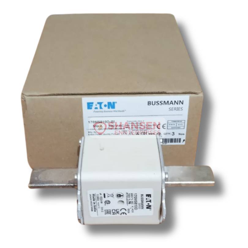Front view of Eaton Bussmann Series High-Speed Square Body Fuse (170M5810D) placed against its labeled carton box, showing terminal ends and certification details, with Shansen Enterprises watermark over the product
