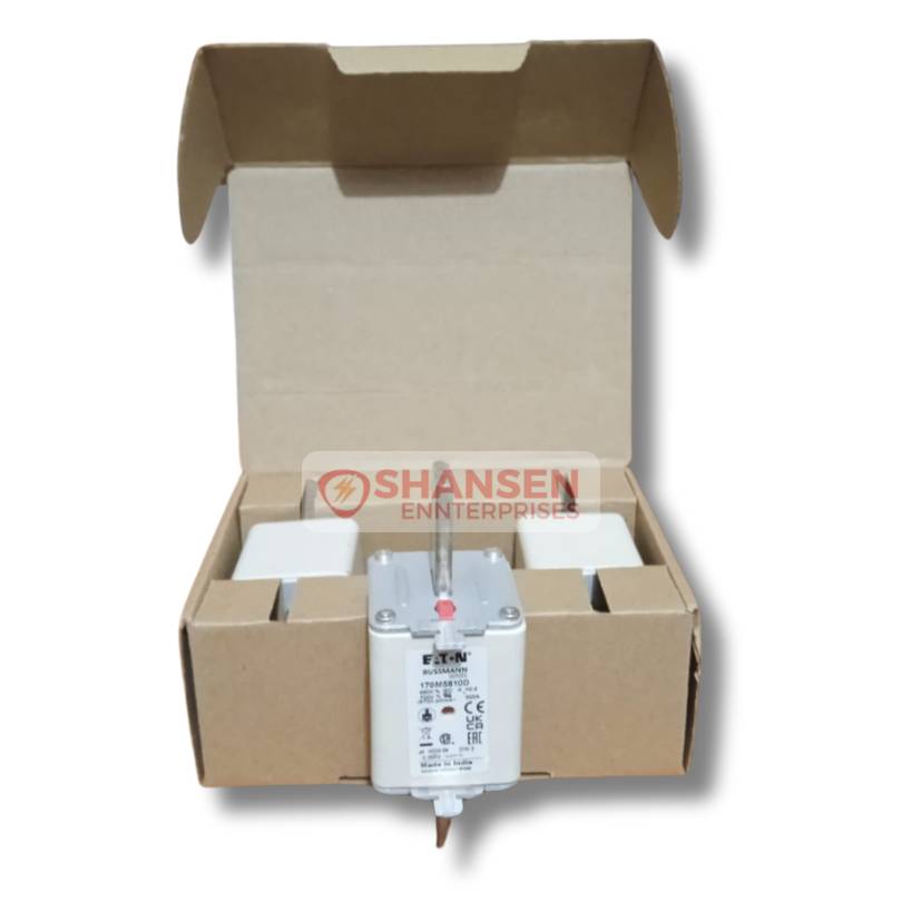 Eaton Bussmann Series High-Speed Square Body Fuse (170M5810D) neatly packed in an open cardboard box with foam padding, terminal end visible, and Shansen Enterprises watermark across the product