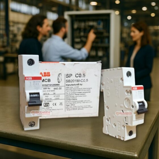 ABB SB201M-C0.5 Miniature Circuit Breaker with Labeled Box in Industrial Background with Engineers