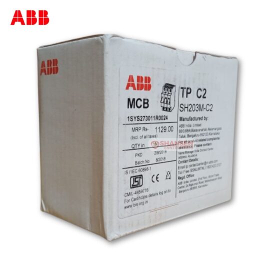 ABB SH203M-C2 MCB original box with label and specifications for industrial supply