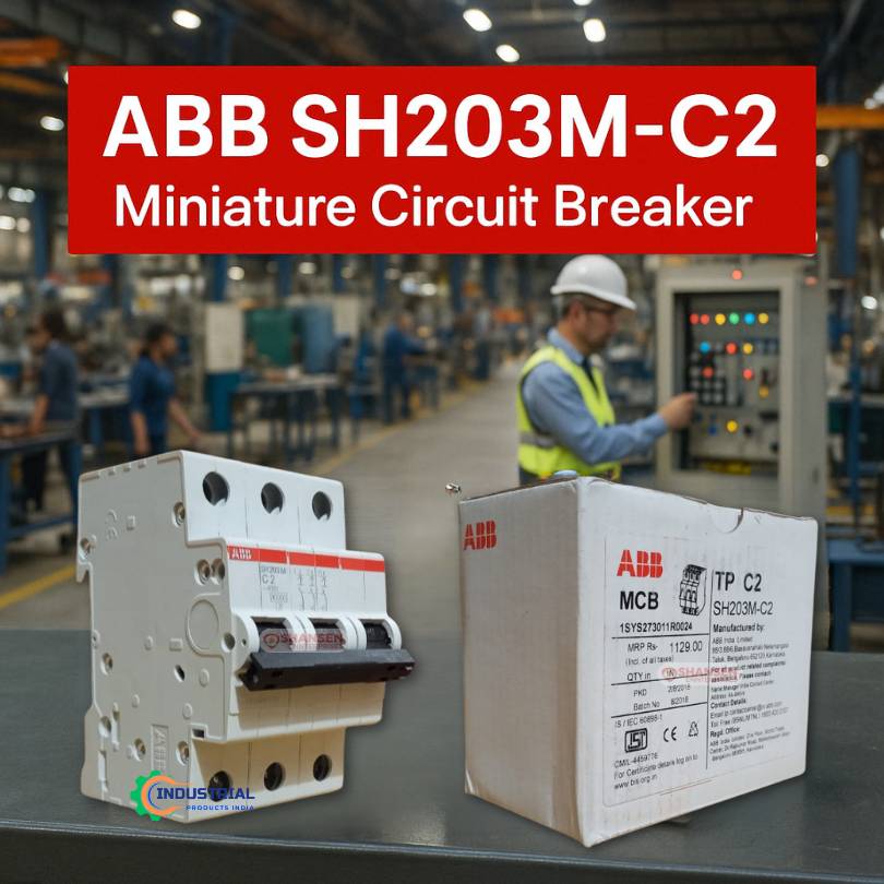 ABB SH203M-C2 Miniature Circuit Breaker with Packaging Box in Industrial Manufacturing Background