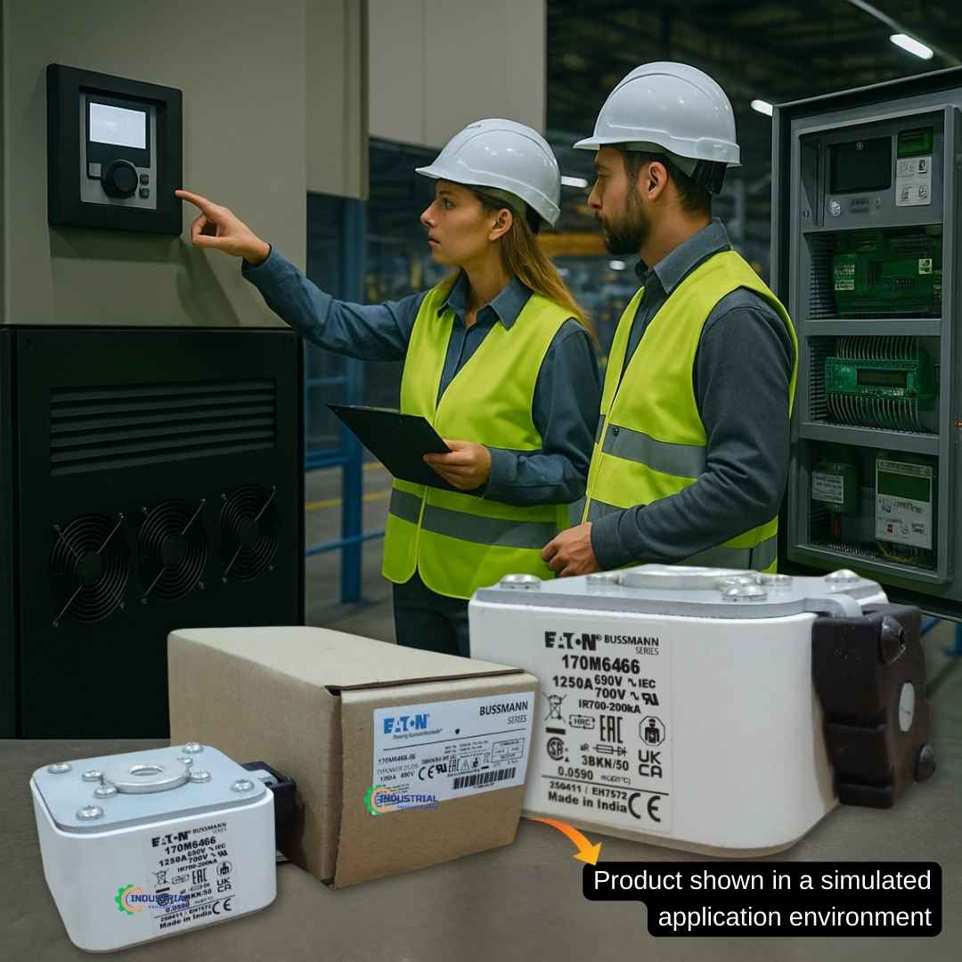Engineers testing electrical systems with Eaton Bussmann 170M6466 fuse in an industrial automation setup