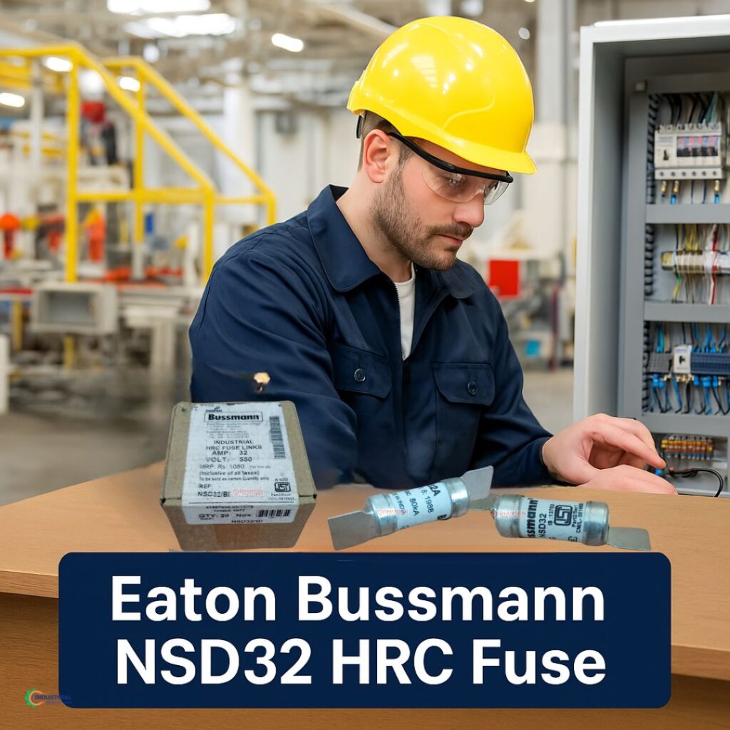 Electrical Engineer Working with Eaton Bussmann NSD32 HRC Fuse 32A 550V in Industrial Automation Plant