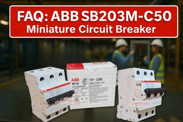 FAQ Banner for ABB SB203M-C50 MCB with product image and industrial background – Shansen Enterprises, Industrial Products India