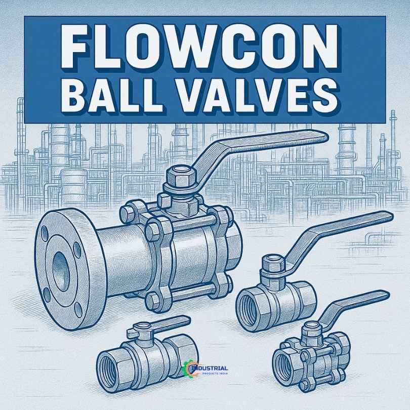 Flowcon Ball Valves with Blue Line Drawing and Chemical Industry Background - Industrial Products India