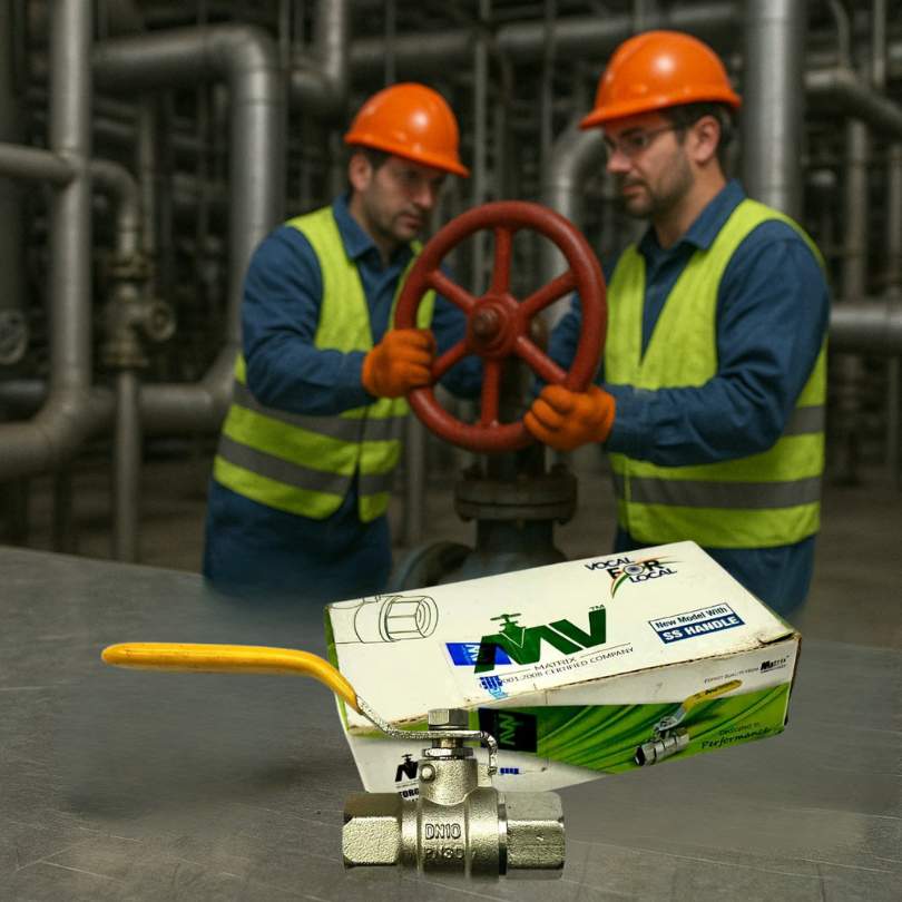 Two Industrial Workers Operating Valve System with Matrix Brass Ball Valve in Foreground