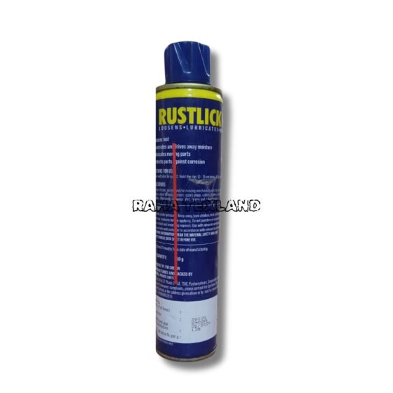 Back view of Rustlick 631 rust remover and lubricant spray with usage instructions and safety information