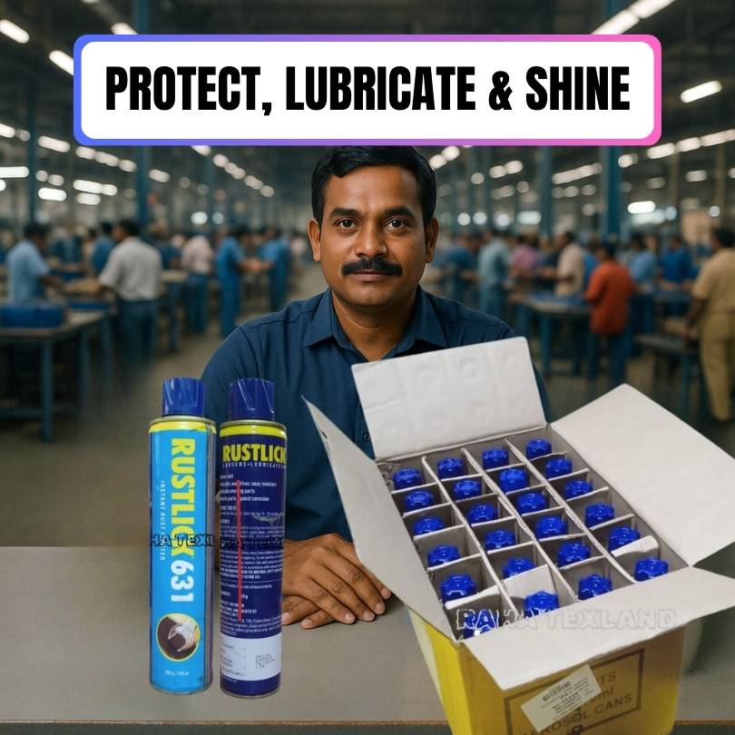 Indian factory worker showcasing Rustlick 631 rust remover spray with bulk packaging box in an industrial setting