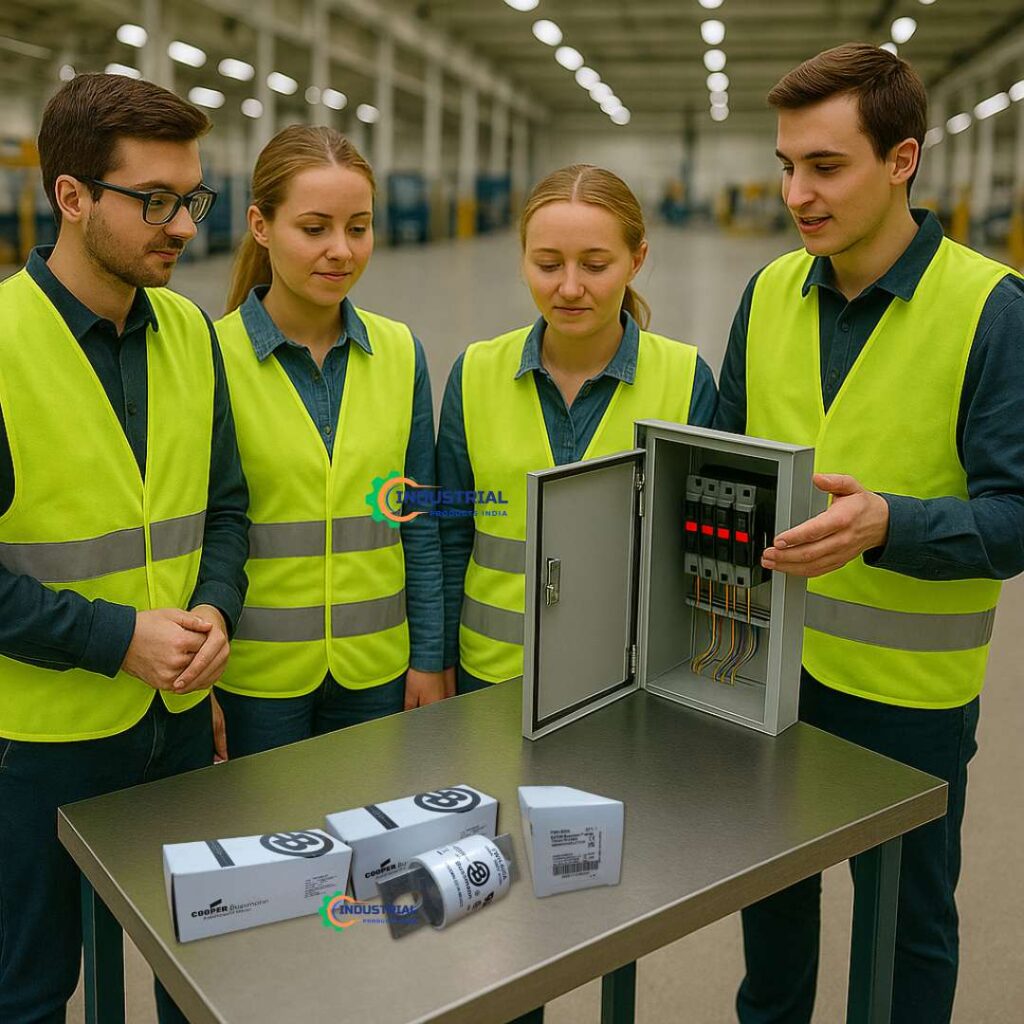 Technicians with Eaton Bussmann FWH-600A fuse near control panel – Industrial Products India