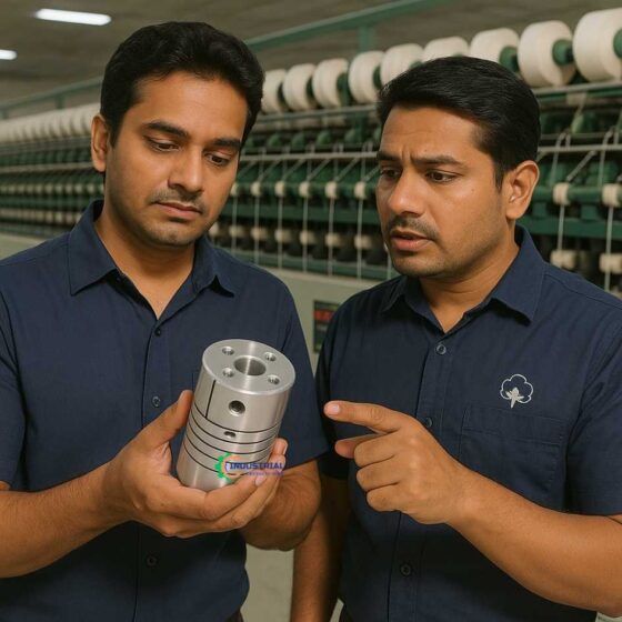 Textile draw frame fitters inspecting aluminium shaft coupling in factory