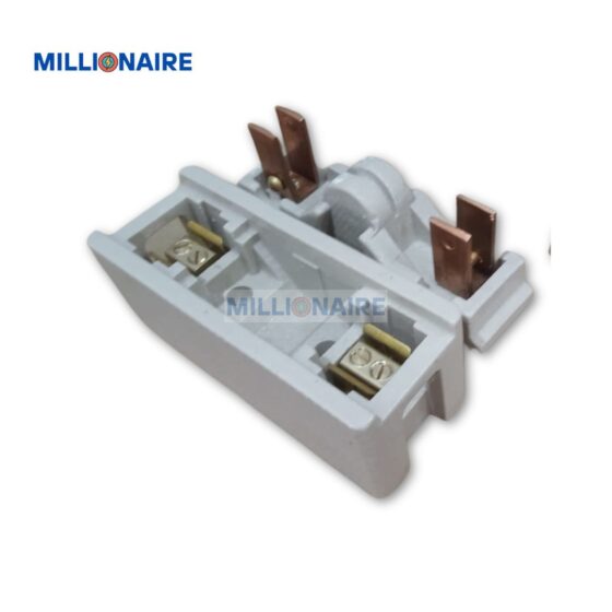 side angle view of 100a ceramic kitkat rewirable fuse unit by millionaire with visible copper and brass terminals