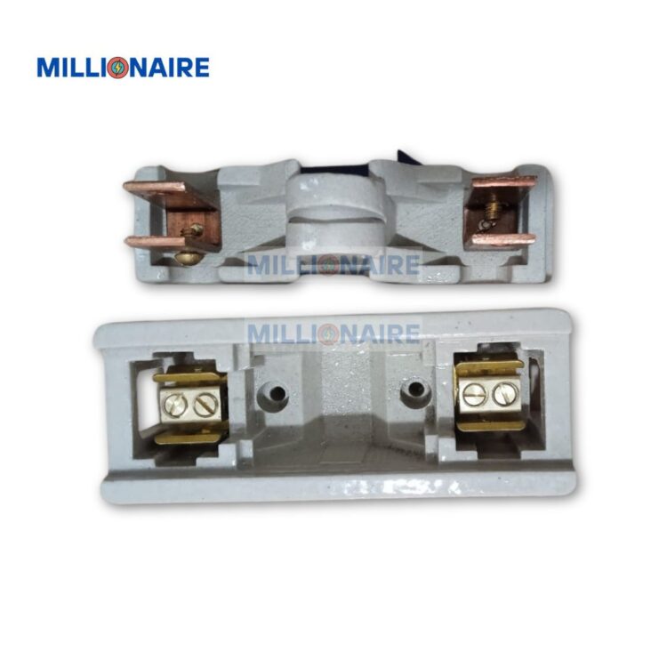 top and base view of 100a porcelain kitkat rewirable fuse unit by millionaire with copper and brass contacts