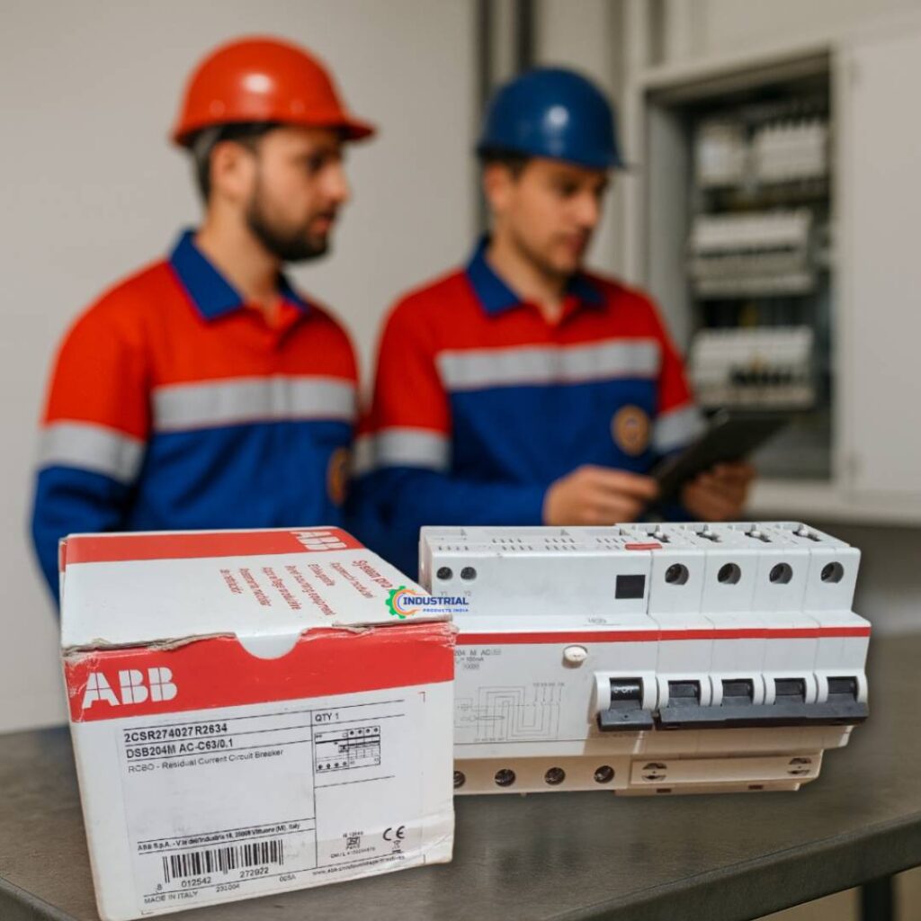 ABB DSB204M RCCB with Packaging on Workbench and Technicians in Uniform in Background