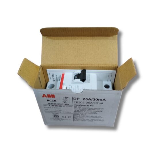 ABB FB202 AC‑25/0.3 Residual Current Circuit Breaker nestled in its open ABB System pro M box