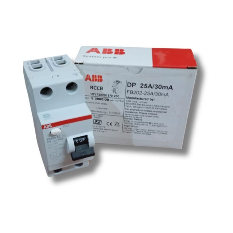 ABB FB202 AC‑25/0.3 Residual Current Circuit Breaker next to its original packaging box