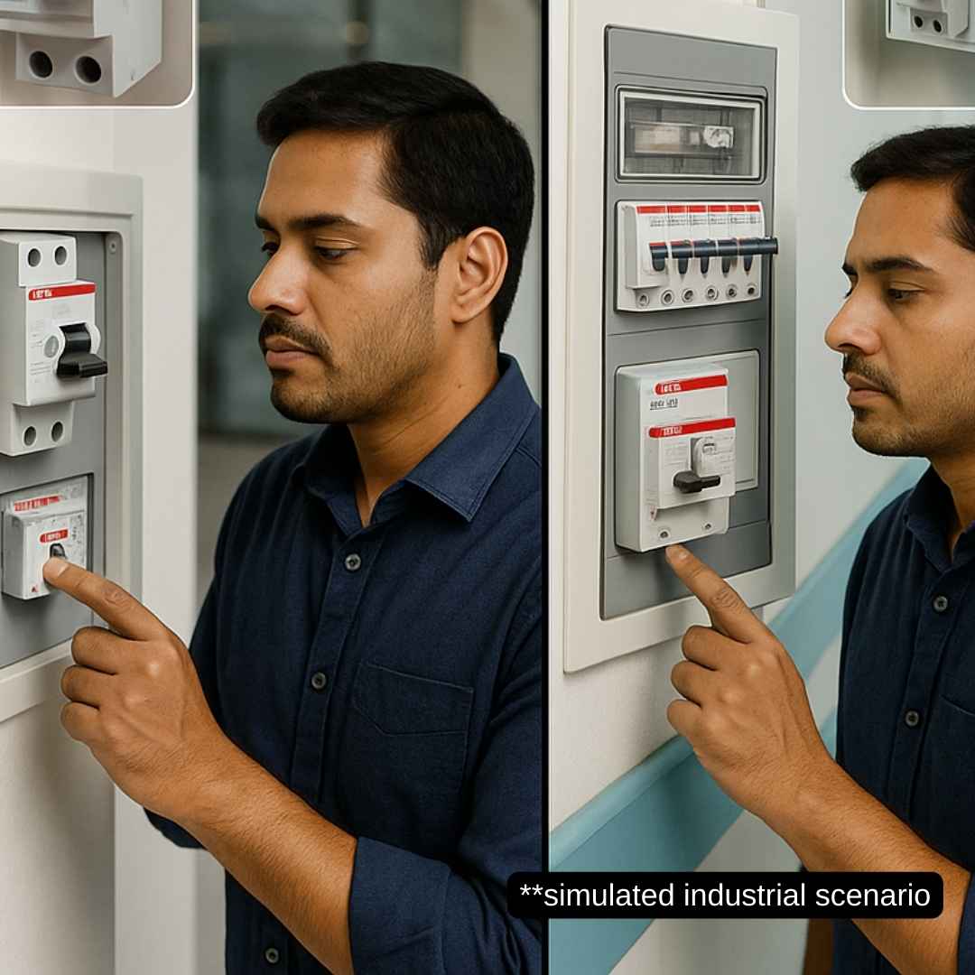 Split‑view of an Indian electrical engineer inspecting ABB FB202 AC‑25/0.3 RCCBs in an office building and a hospital corridor