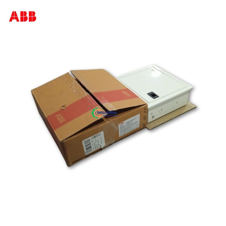 Unboxed ABB Honora R‑SPN16 WAY MD DB 16‑way SPN distribution board partially removed from its original brown cardboard packaging box
