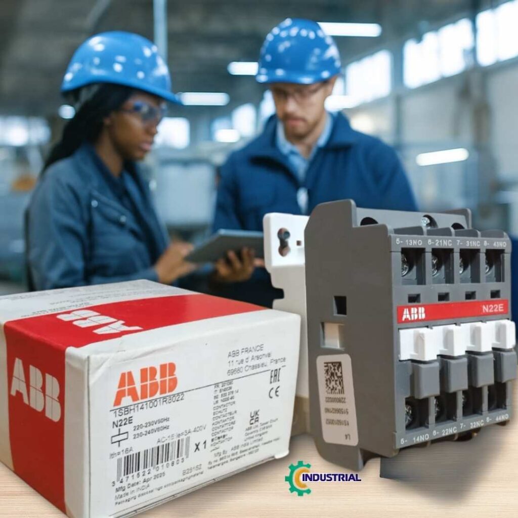 ABB N22E Contactor Relay showcased in an engineering workspace with two electrical engineers in blue uniforms, available via verified vendors on Industrial Products India
