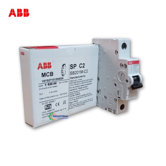 Side view of the ABB SB201M‑C2 miniature circuit breaker and its System pro M packaging box, highlighting the product label, MRP, manufacturing details, and Industrial Products India watermark on a white background