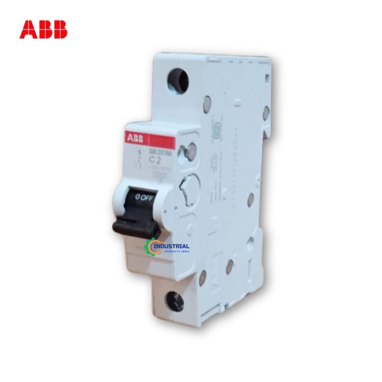 High‑resolution image of an ABB SB201M‑C2 1‑pole, 2 A Type C miniature circuit breaker with black OFF toggle and Industrial Products India watermark on a white background