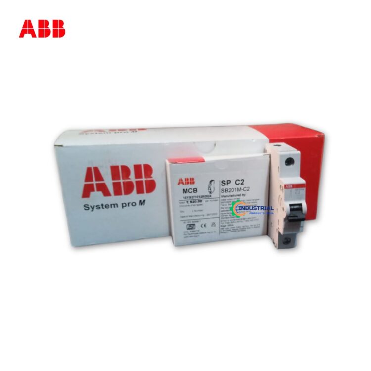 Photo of an ABB SB201M‑C2 miniature circuit breaker next to its System pro M packaging box, featuring the Industrial Products India watermark on a clean white background