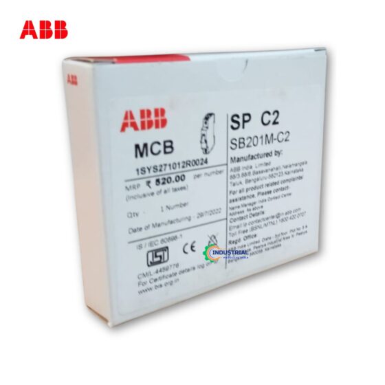 Side view of the ABB SB201M‑C2 System pro M miniature circuit breaker packaging box showing model label, MRP, manufacturing details, and compliance logos
