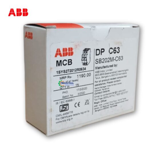 ABB SB202M-C63 MCB product box with technical label – 2 Pole, 63A – Industrial Products India