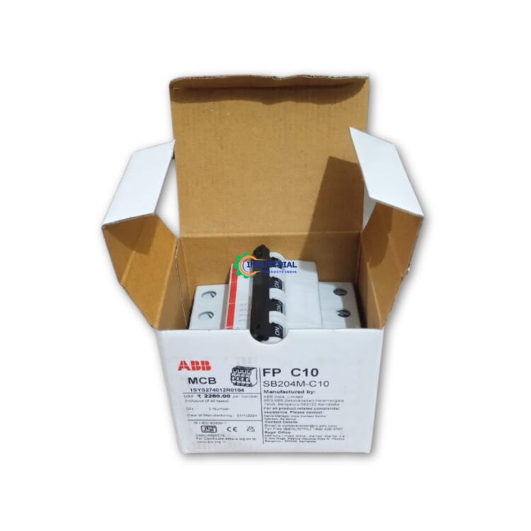 ABB SB204M-C10 4P 10A C-Type Miniature Circuit Breaker in its branded packaging box