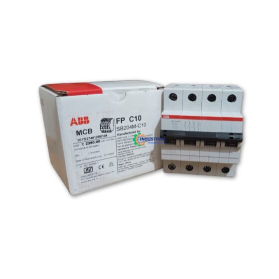 ABB SB204M-C10 4P 10A C-Type Miniature Circuit Breaker displayed next to its ABB-branded box