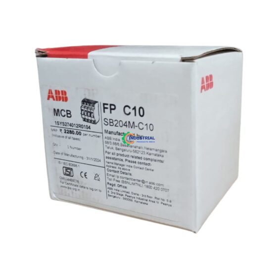 ABB SB204M-C10 4P 10A C-Type Miniature Circuit Breaker packaging box by Industrial Products India