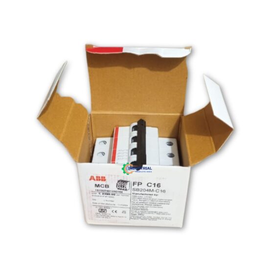 ABB SB204M-C32 4-pole miniature circuit breaker visible inside its open ABB-branded box with Industrial Products India watermark