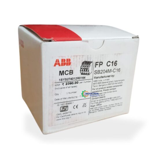 Side view of ABB SB204M-C32 miniature circuit breaker packaging with Industrial Products India watermark