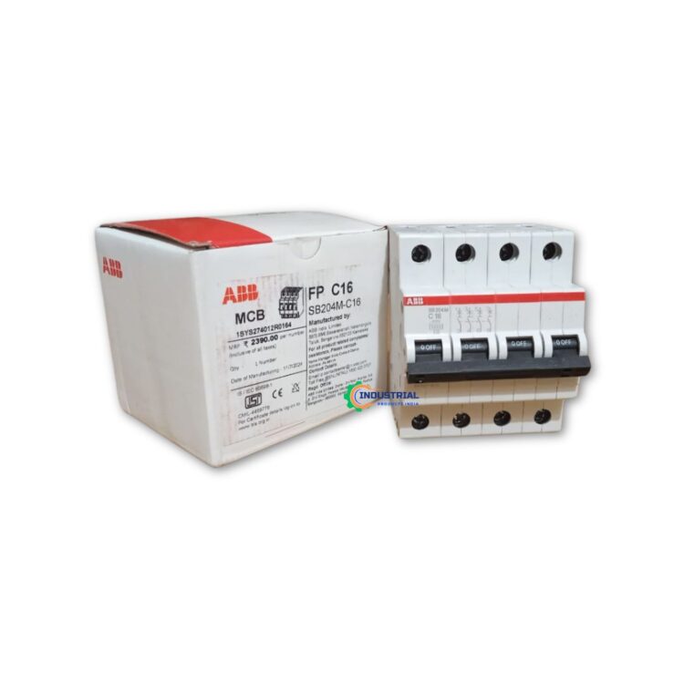 ABB SB204M-C32 4-pole miniature circuit breaker next to its ABB-branded box with Industrial Products India logo
