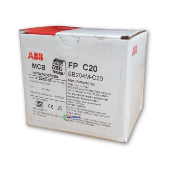 Close-up of ABB SB204M-C20 MCB Box Label with Specs – Verified Vendor at Industrial Products India