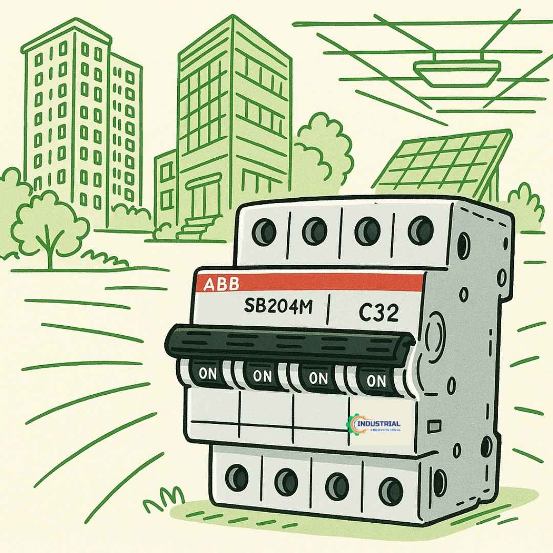 Cartoon-style illustration of ABB SB204M-C32 MCB with green line-art backgrounds of residential, commercial, solar, and industrial settings