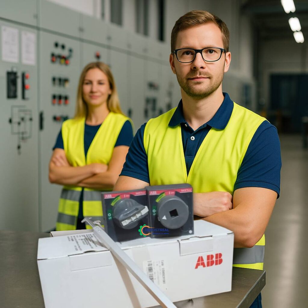 ABB XT1-XT3 Rotary Handle Kit on Steel Table with Factory Engineers in Background