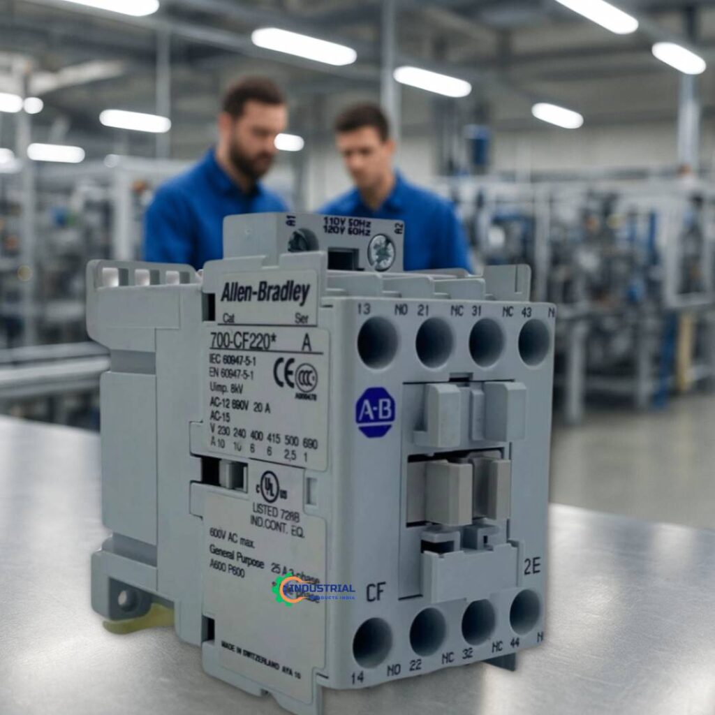 Allen Bradley 700-CF220 control contactor on steel table with engineers in background at automation factory