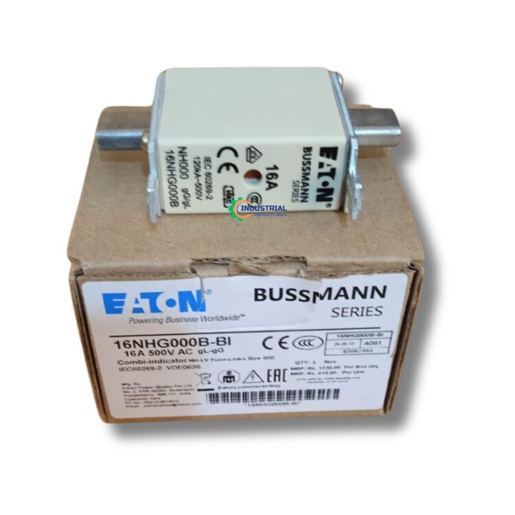Eaton Bussmann NH Fuse 16NHG000B-BI 16A 500V on packaging – Industrial Products India