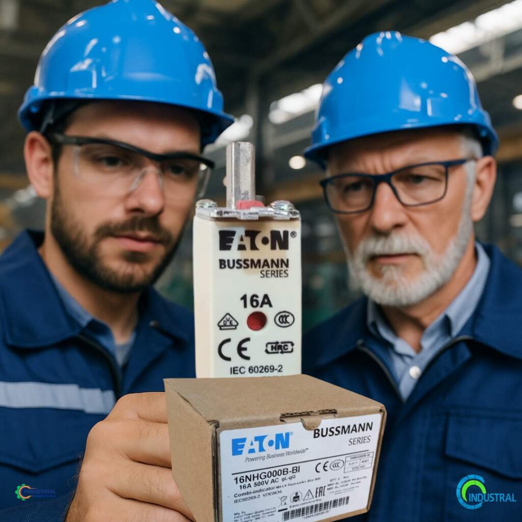 Electrical engineers inspecting Eaton Bussmann NH Fuse 16NHG000B-BI in a factory – Industrial Products India