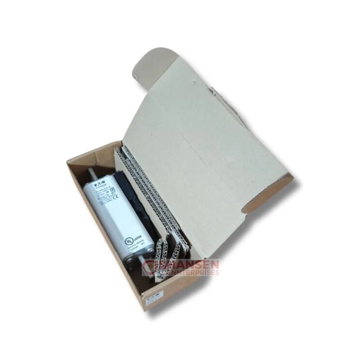 Eaton Bussmann PV-160A-01XL-B photovoltaic fuse nestled in its protective corrugated cardboard box, viewed from the right side with Shansen Enterprises watermark