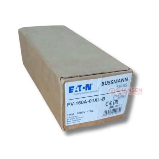 Corrugated cardboard box labeled Eaton Bussmann PV-160A-01XL-B 160 A 1000 V DC fuse, angled view on white background