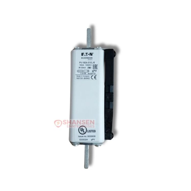 Eaton Bussmann PV-160A-01XL-B photovoltaic fuse with metal end caps and white housing, shown on a neutral background with Shansen Enterprises watermark