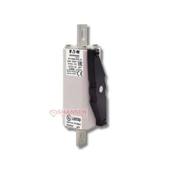 Side view of Eaton Bussmann PV-160A-01XL-B 160 A, 1000 V DC photovoltaic fuse with white ceramic body and black side housing on a neutral background
