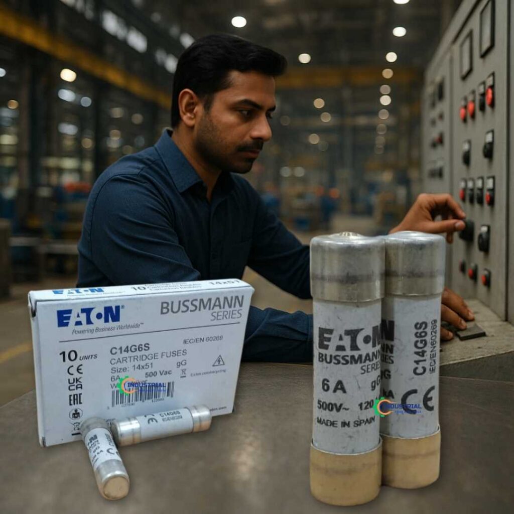 Eaton C14G6S Fuse in Industrial Use – Engineer Operating Control Panel Eaton Bussmann C14G6S 6A Fuses on Steel Table with Indian Engineer at Control Panel in Factory