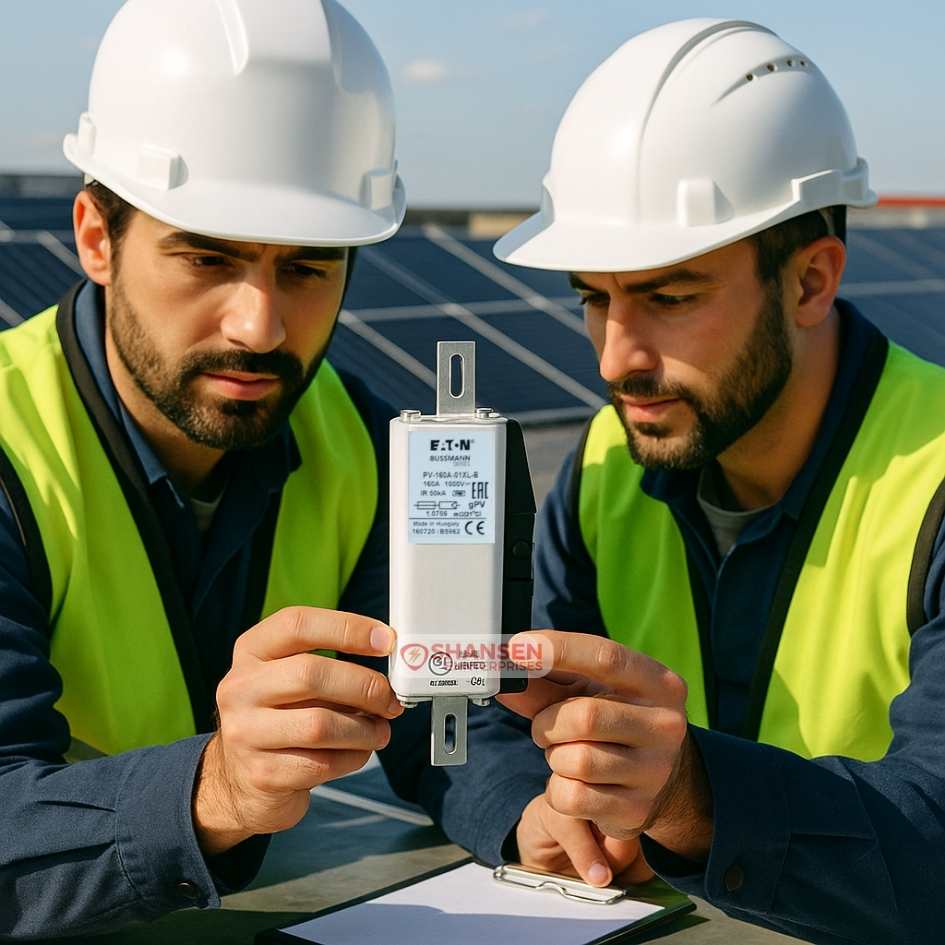 Two electrical engineers in safety vests and hard hats inspecting an Eaton photovoltaic fuse against a backdrop of rooftop solar panels