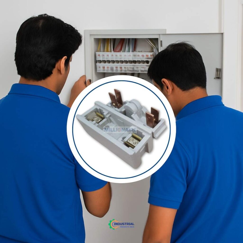 two indian electricians in blue uniform facing an electrical panel with ceramic kitkat fuse unit in circular overlay