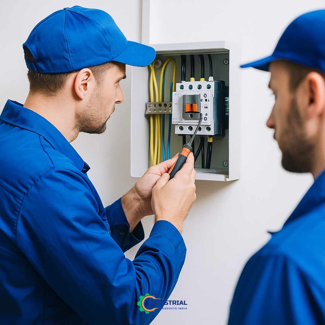 Electricians in blue uniforms installing HPL contactor in control panel – Industrial Products India Verified Vendor