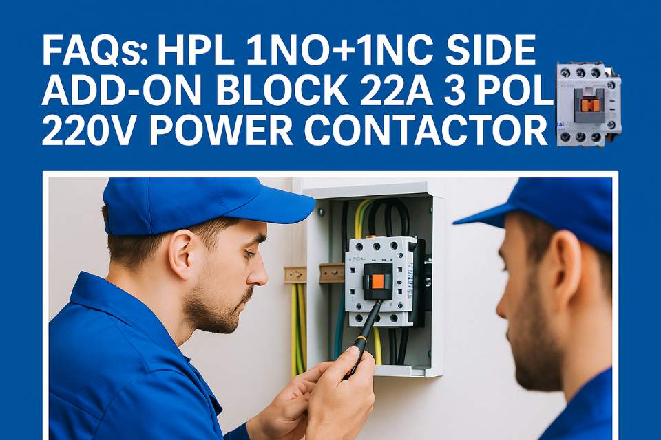 FAQs banner for HPL 1NO+1NC Side Add-On Block 22A 3 Pole 220V Power Contactor by Industrial Products India